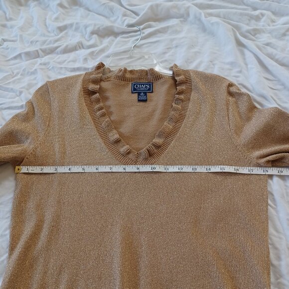 Chaps Classics Gold Metallic Pullover Sweater Ruffled V-Neck, Womens Size Medium - Picture 9 of 15